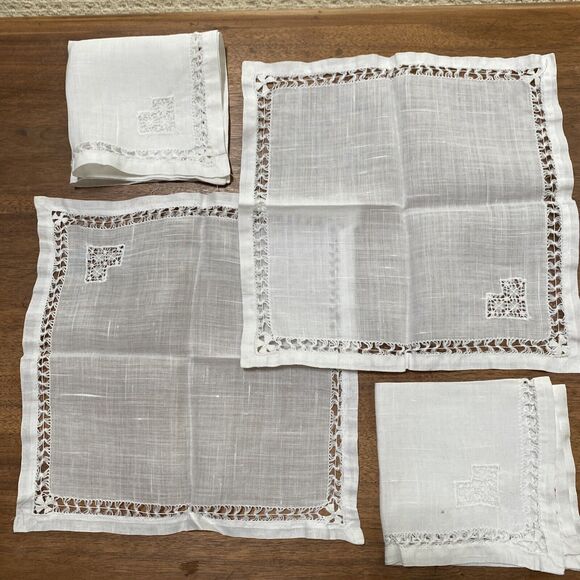 Vintage Set of 4 Sheer White Fine Linen Cocktail Napkins Cutwork Detail Handwork - Picture 1 of 8